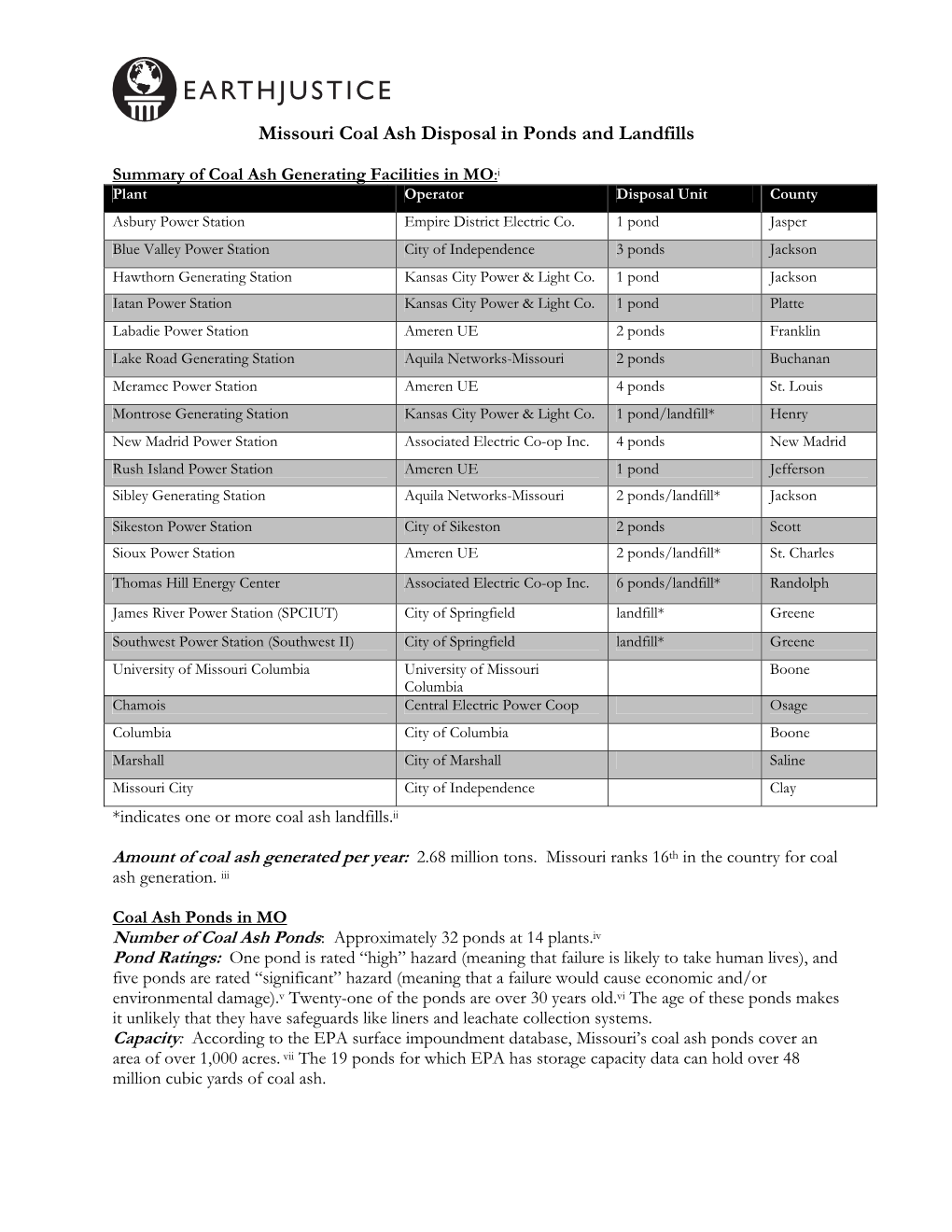 Missouri Coal Ash Disposal in Ponds and Landfills