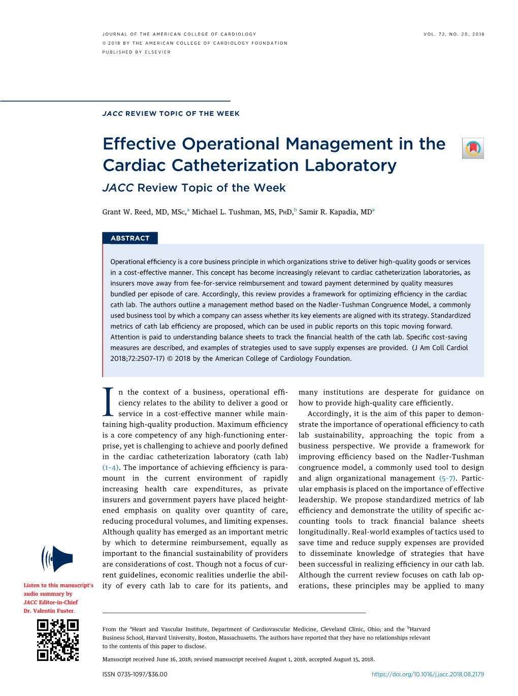 Effective Operational Management in the Cardiac Catheterization Laboratory JACC Review Topic of the Week