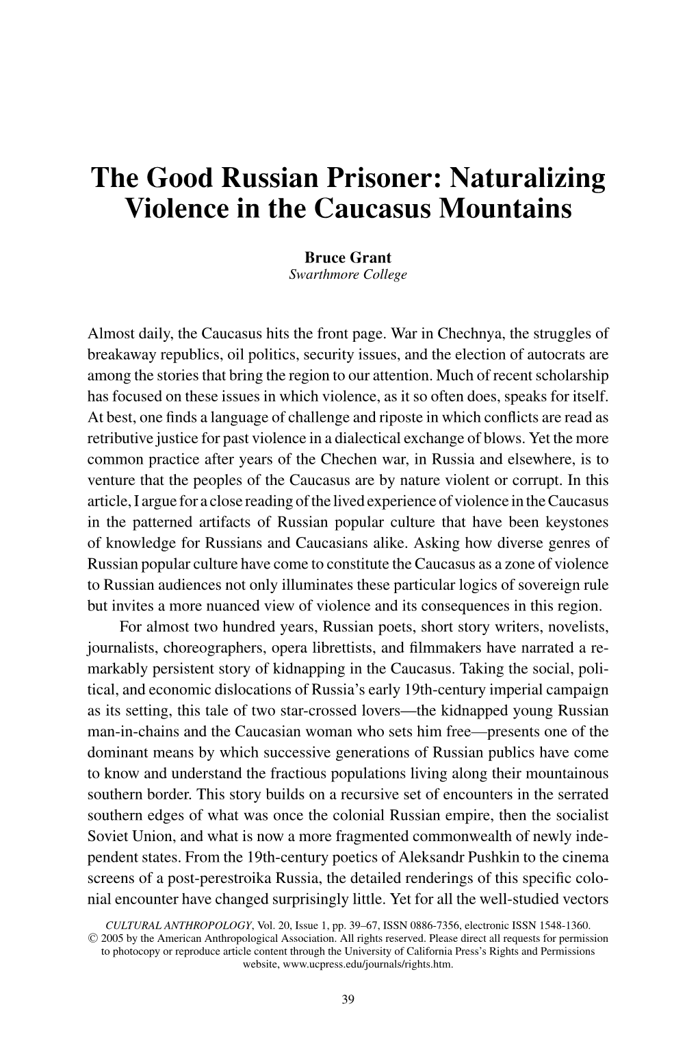 The Good Russian Prisoner: Naturalizing Violence in the Caucasus Mountains