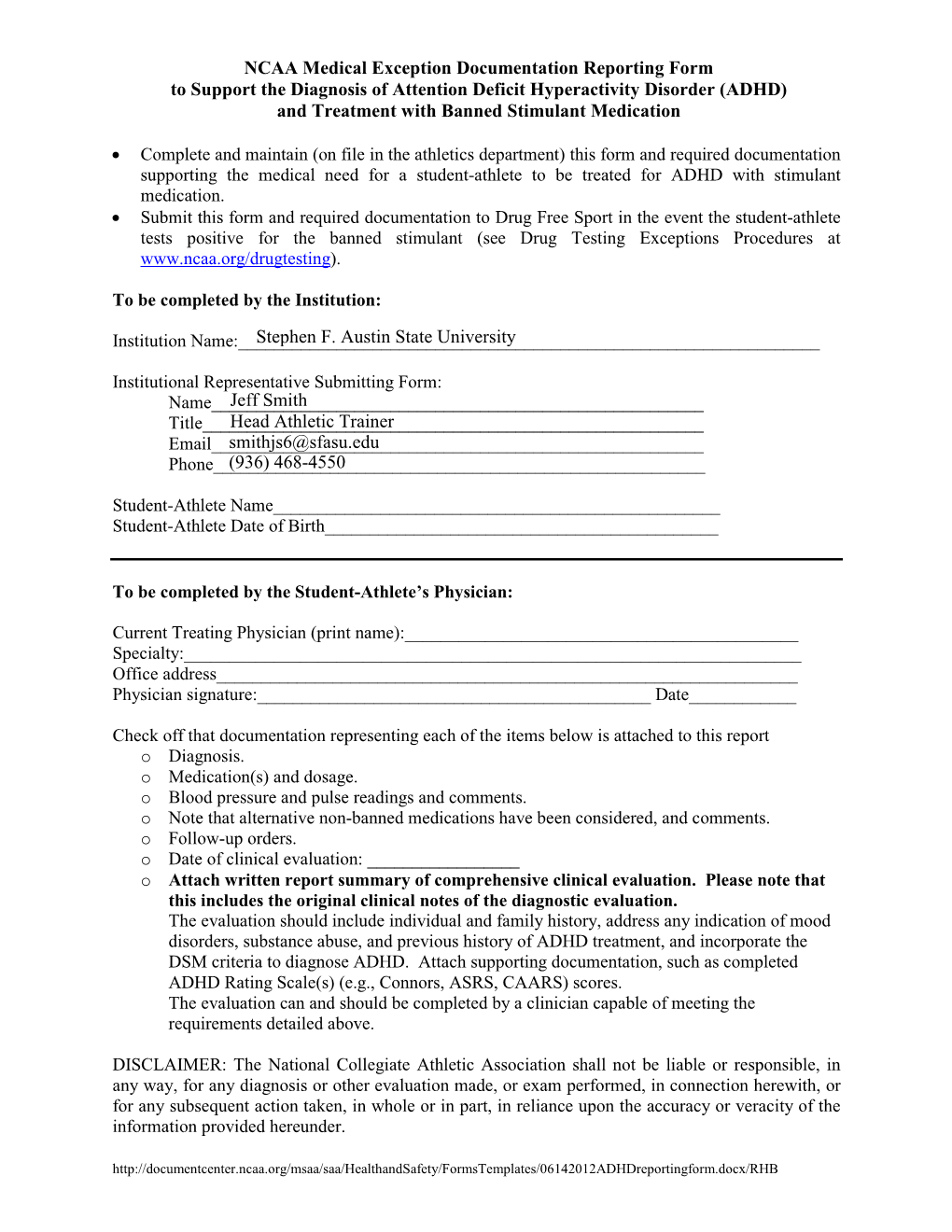 NCAA Medical Exception Documentation Reporting Form To