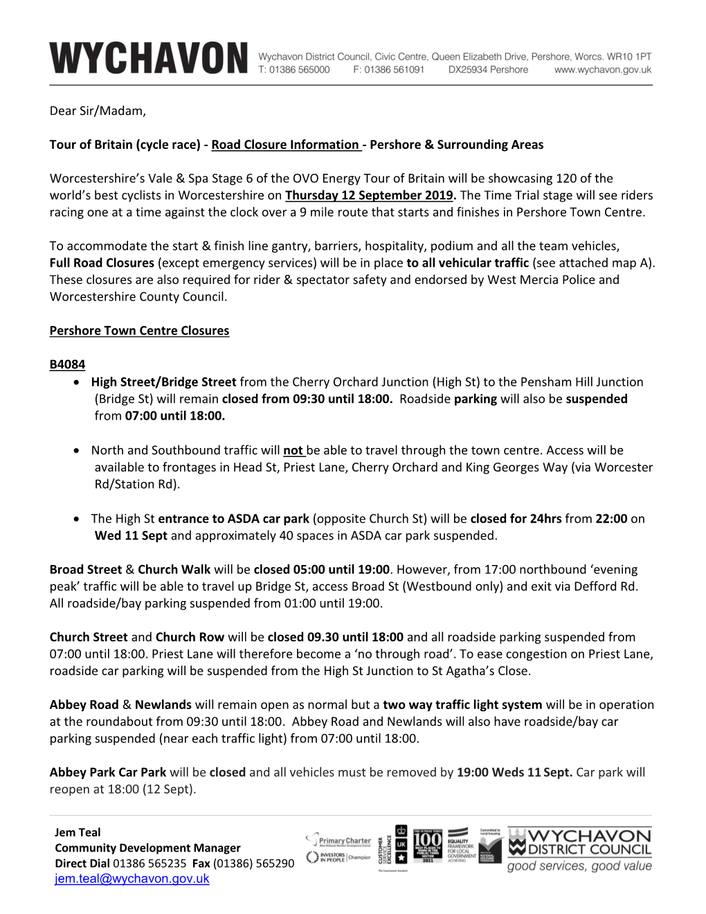 (Cycle Race) - Road Closure Information - Pershore & Surrounding Areas