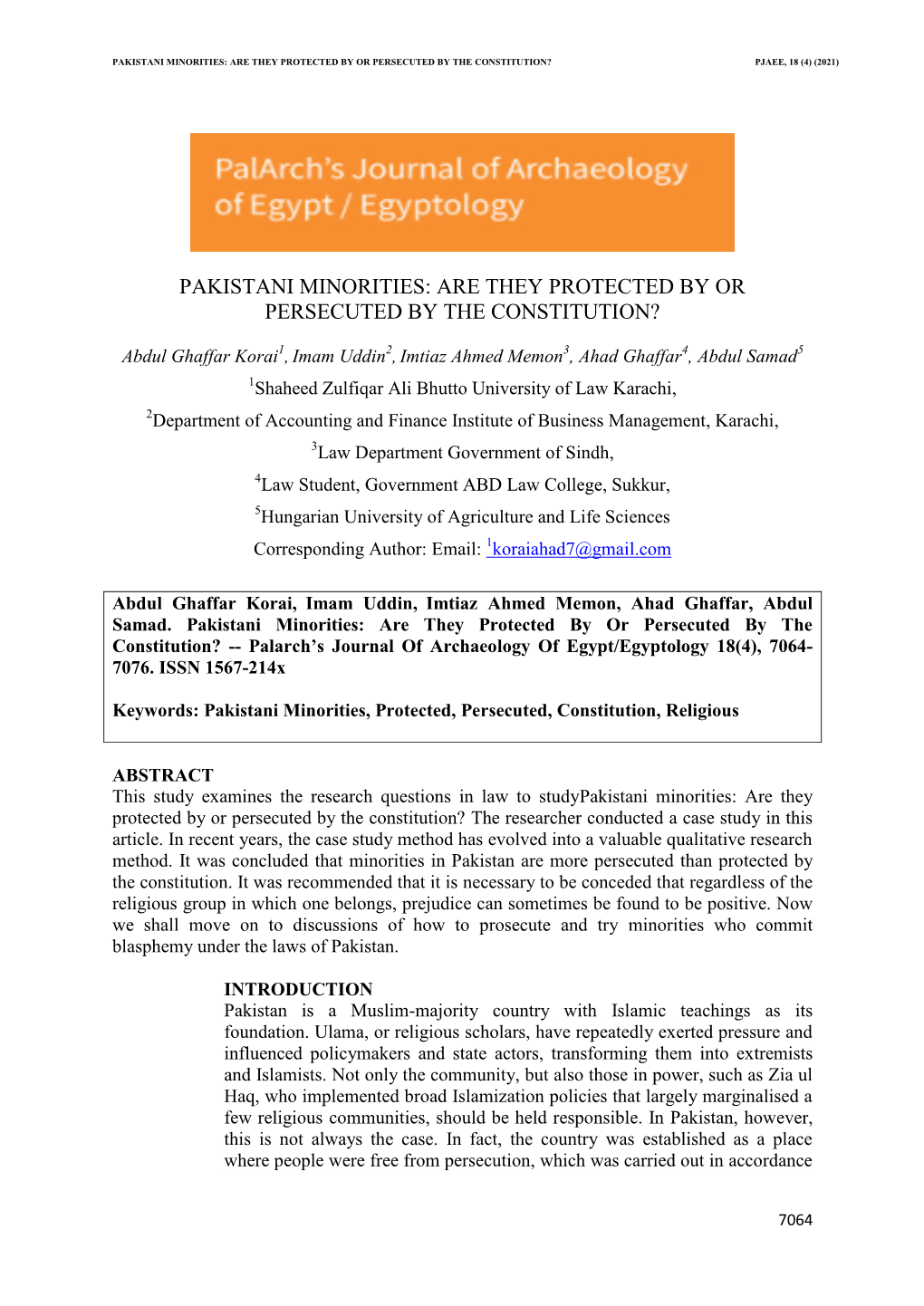 Pakistani Minorities: Are They Protected by Or Persecuted by the Constitution? Pjaee, 18 (4) (2021)