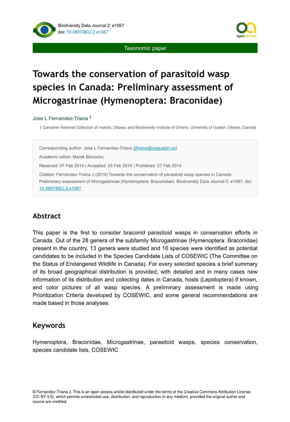 Towards the Conservation of Parasitoid Wasp Species in Canada: Preliminary Assessment of Microgastrinae (Hymenoptera: Braconidae)