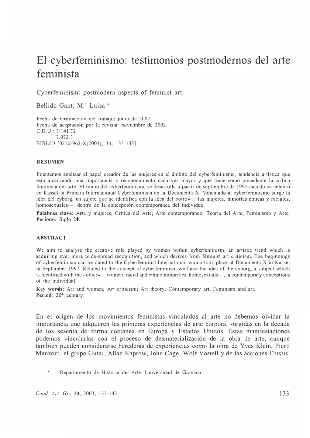 El Cyberfeminismo: Testimonios Postmodernos Del Arte Feminista