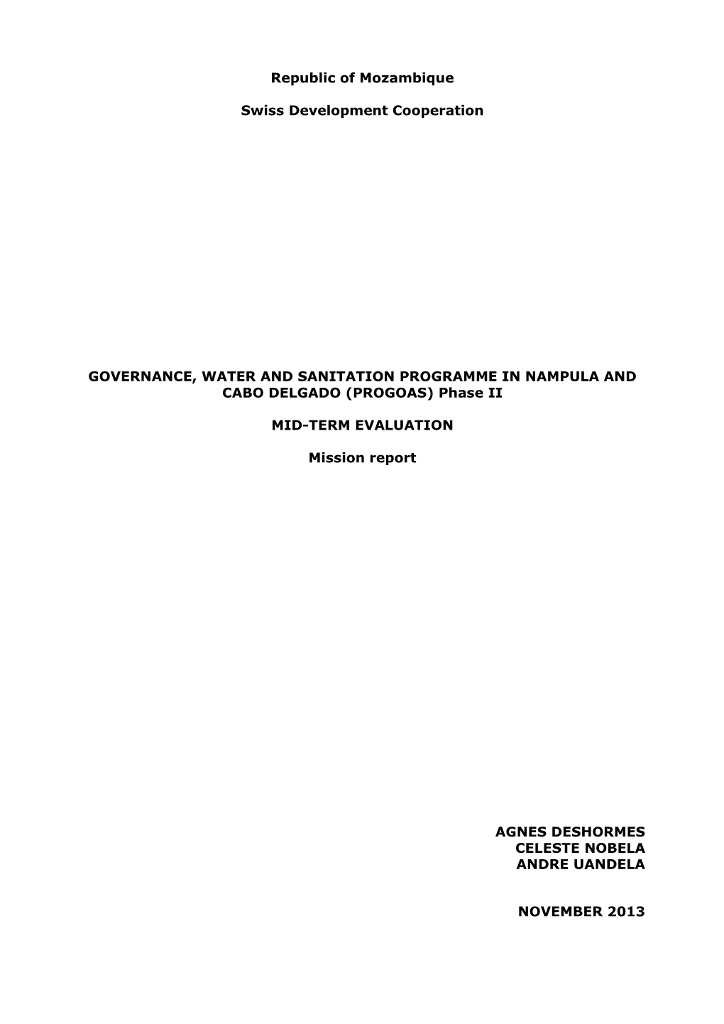 Republic of Mozambique Swiss Development Cooperation GOVERNANCE, WATER and SANITATION PROGRAMME in NAMPULA and CABO DELGADO