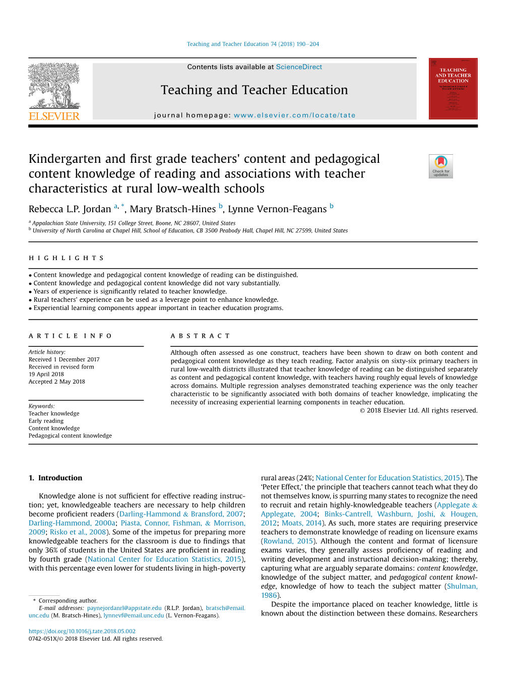 Kindergarten and First Grade Teachers' Content and Pedagogical Content Knowledge of Reading and Associations with Teacher Ch