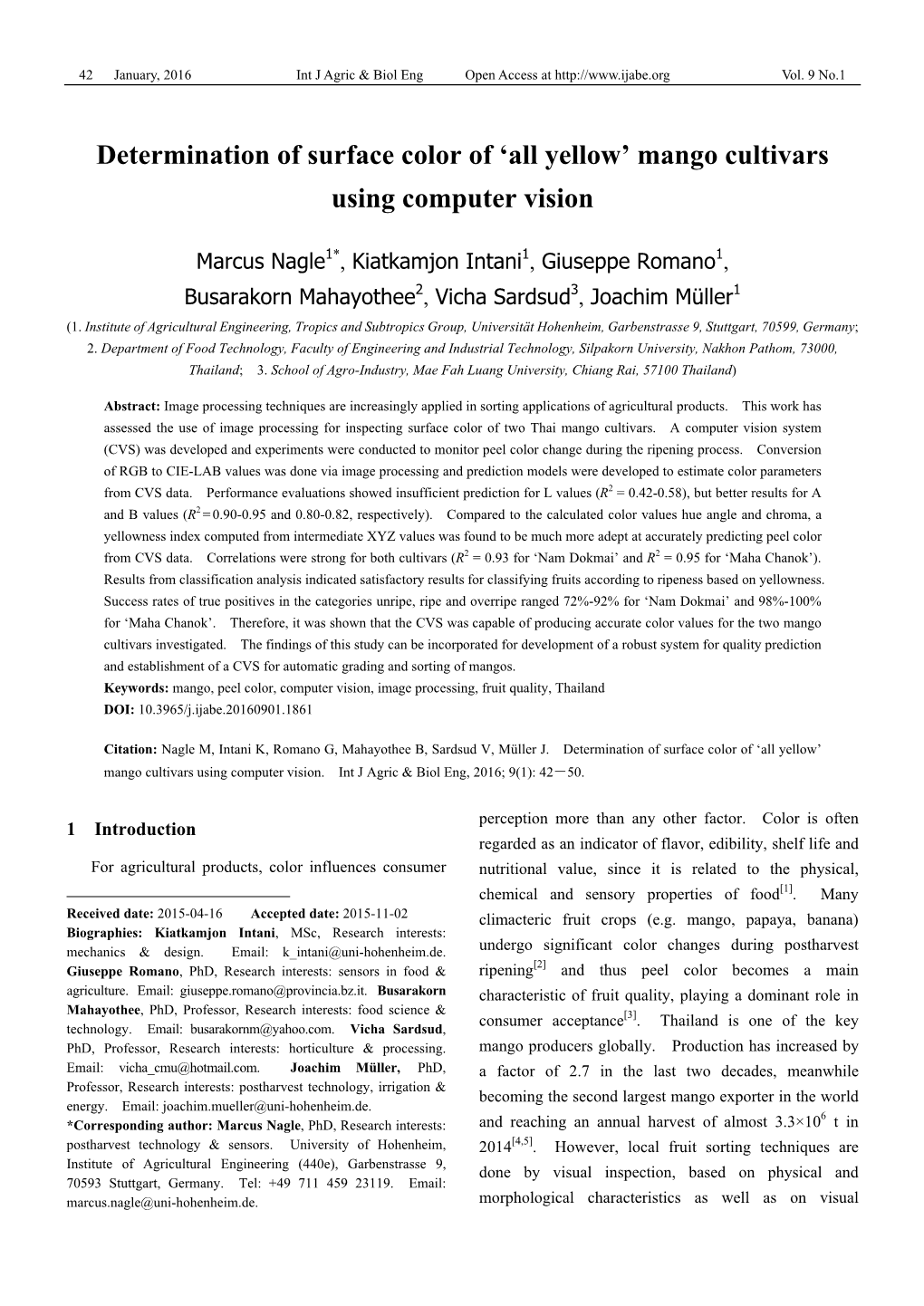 Determination of Surface Color of 'All Yellow' Mango Cultivars Using