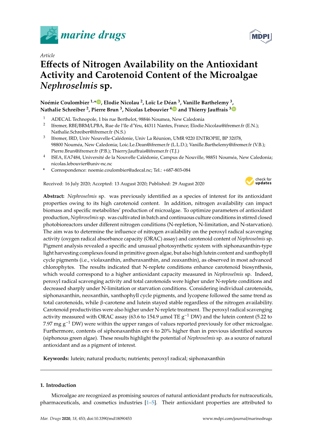 Effects of Nitrogen Availability on the Antioxidant Activity and Carotenoid Content of the Microalgae Nephroselmis