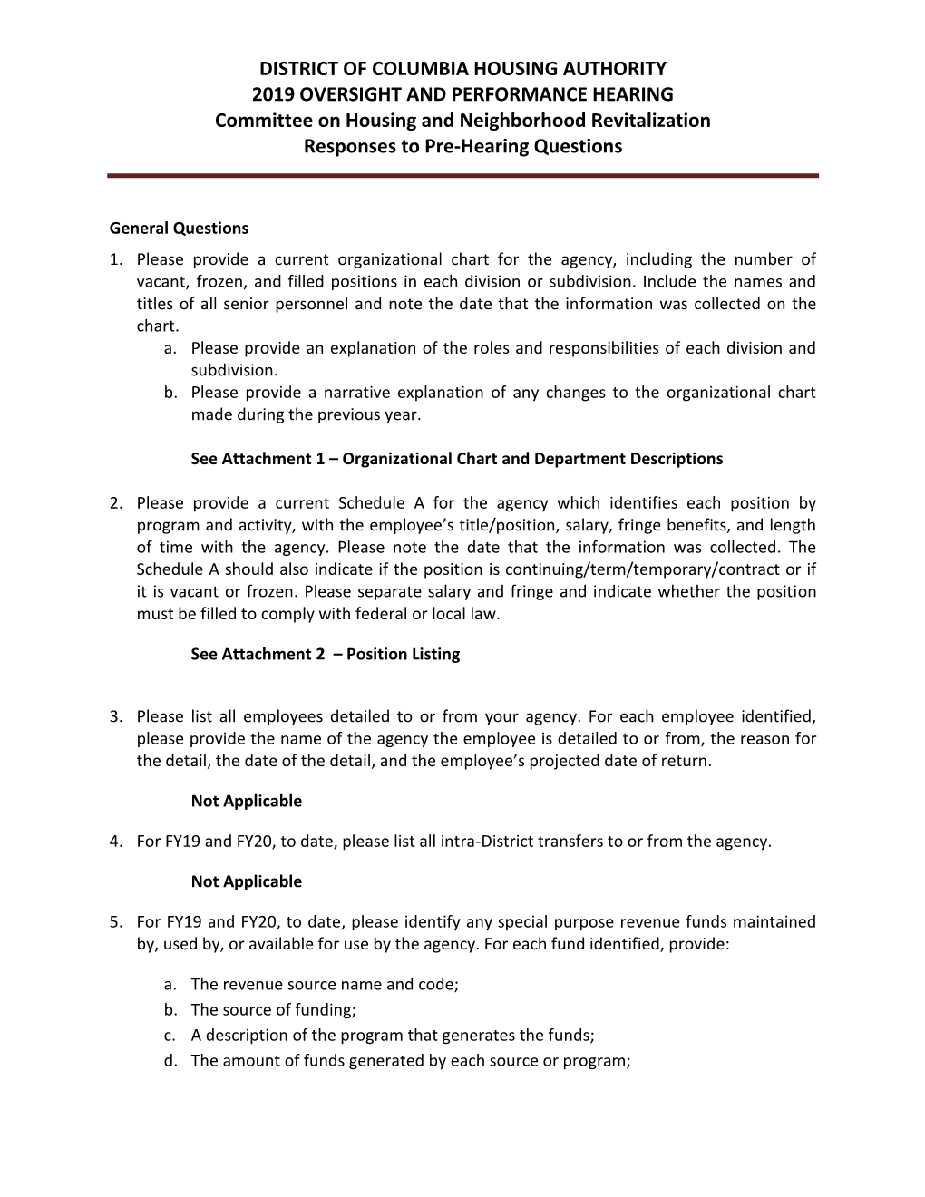 DISTRICT of COLUMBIA HOUSING AUTHORITY 2019 OVERSIGHT and PERFORMANCE HEARING Committee on Housing and Neighborhood Revitalization Responses to Pre-Hearing Questions