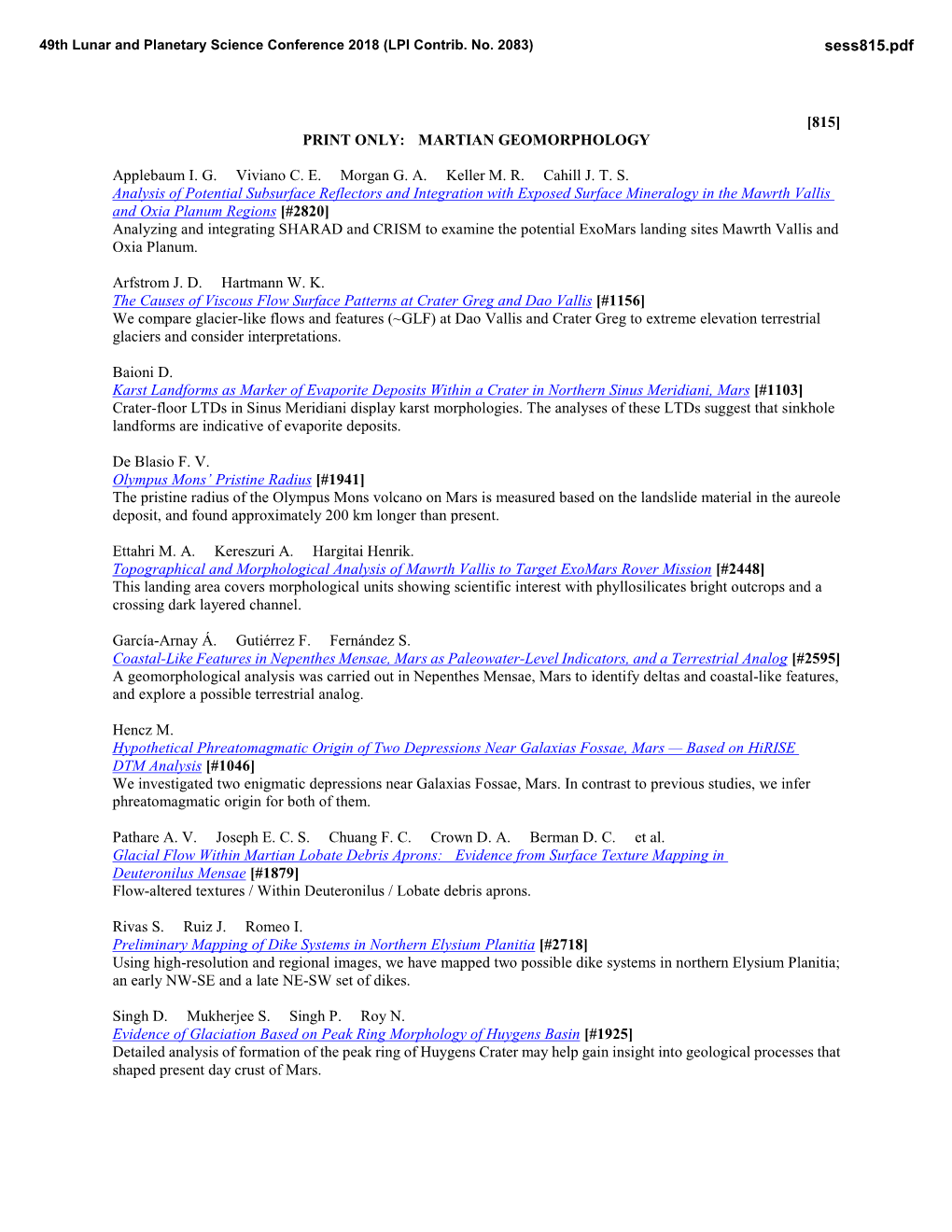 [815] PRINT ONLY: MARTIAN GEOMORPHOLOGY Applebaum I. G. Viviano C. E. Morgan G. A. Keller M. R. Cahill J. T. S. Analysi