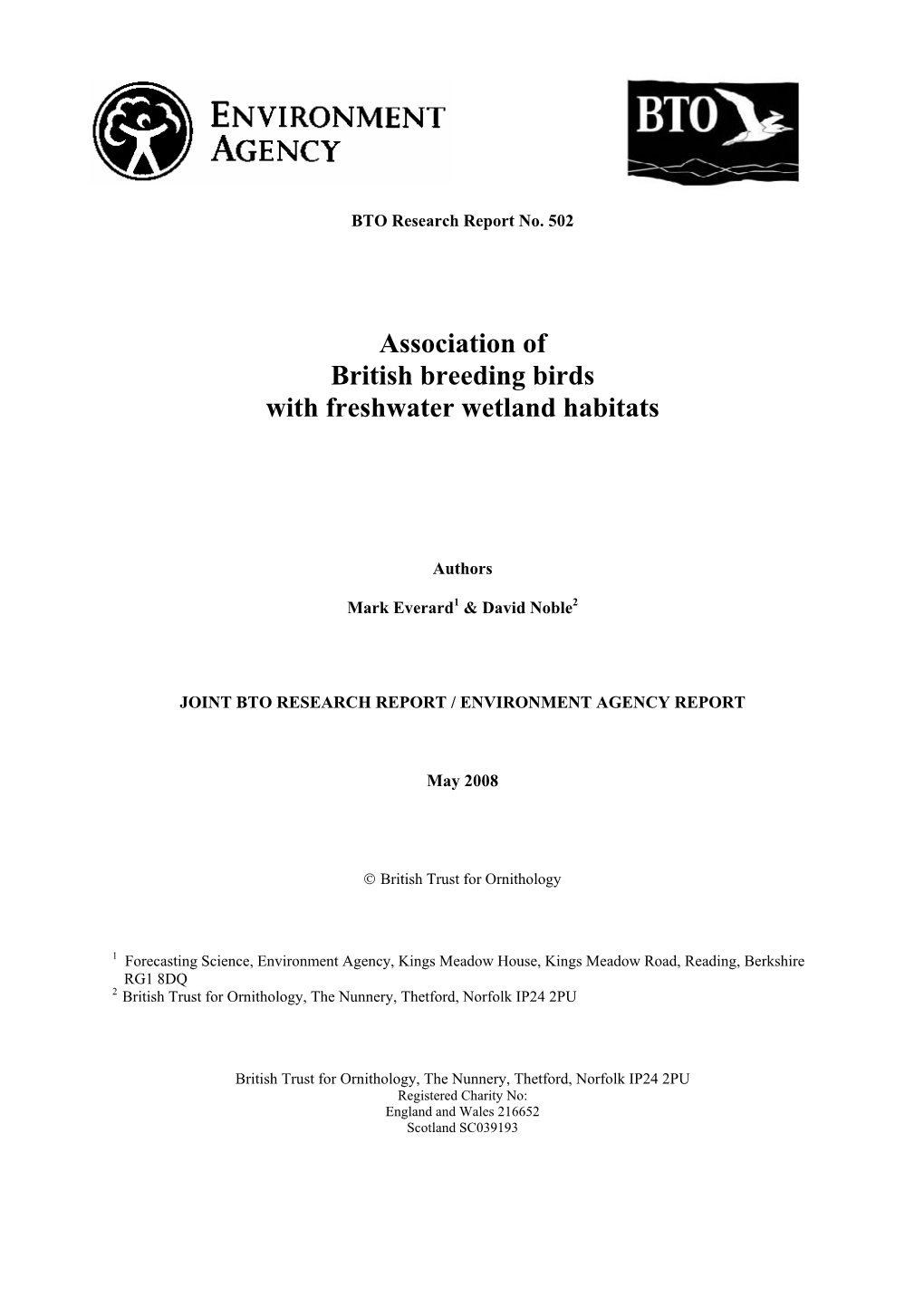 Association of British Breeding Birds with Freshwater Wetland Habitats