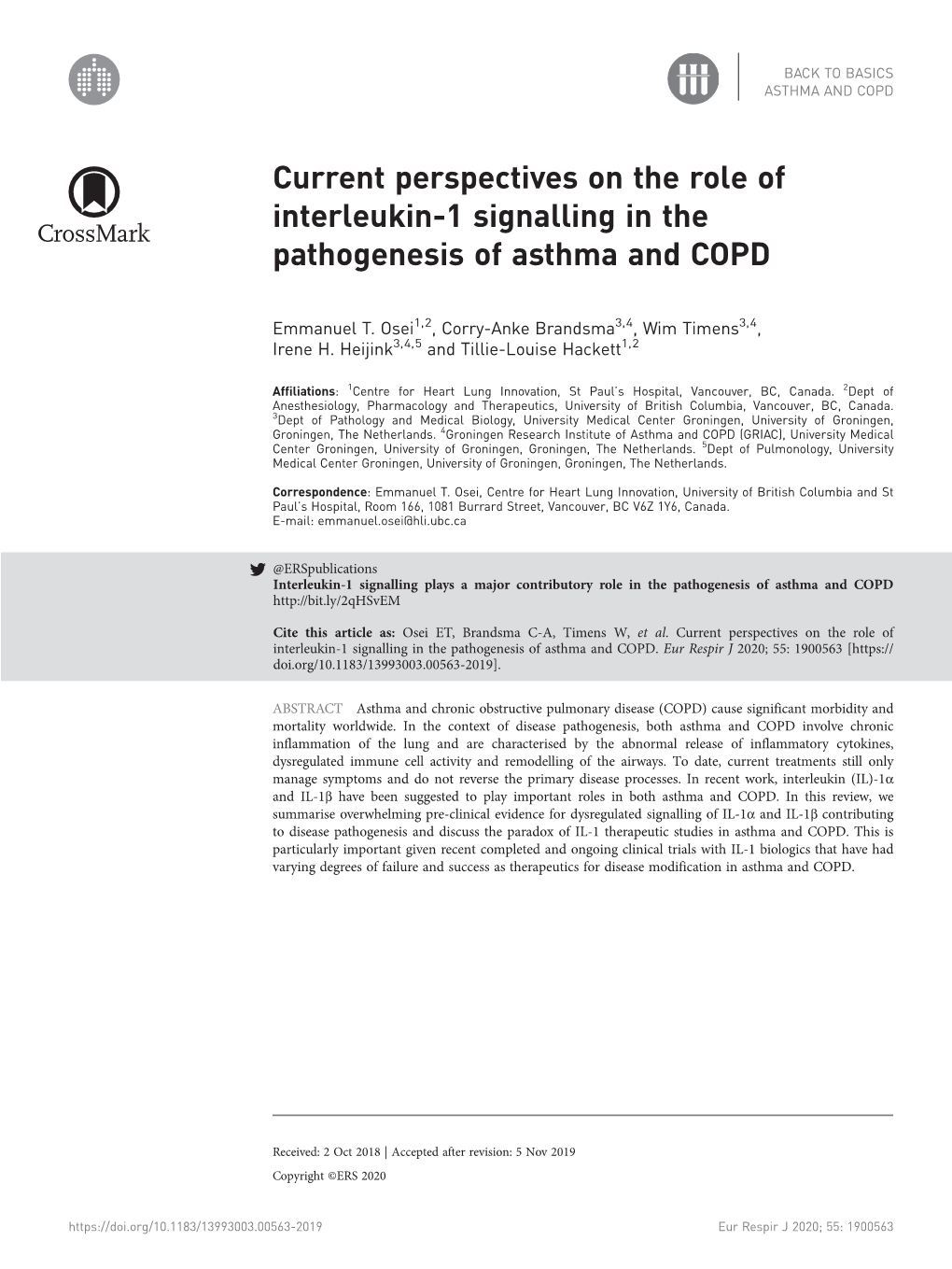 Current Perspectives on the Role of Interleukin-1 Signalling in the Pathogenesis of Asthma and COPD