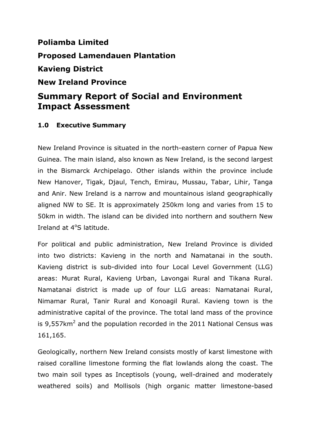 Summary Report of Social and Environment Impact Assessment
