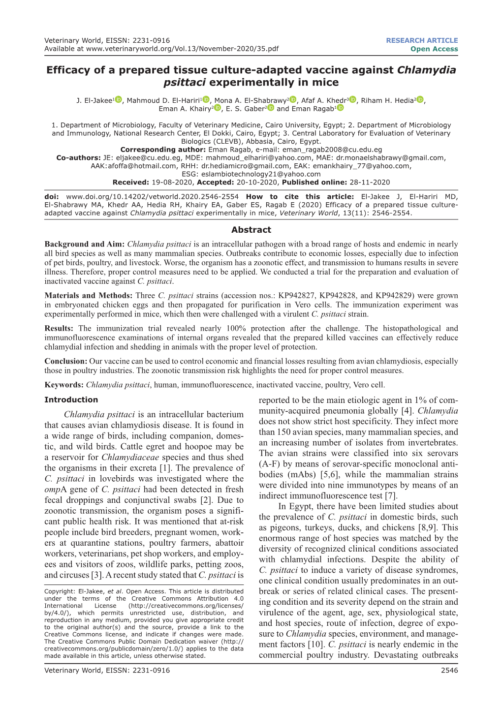 Efficacy of a Prepared Tissue Culture-Adapted Vaccine Against Chlamydia Psittaci Experimentally in Mice