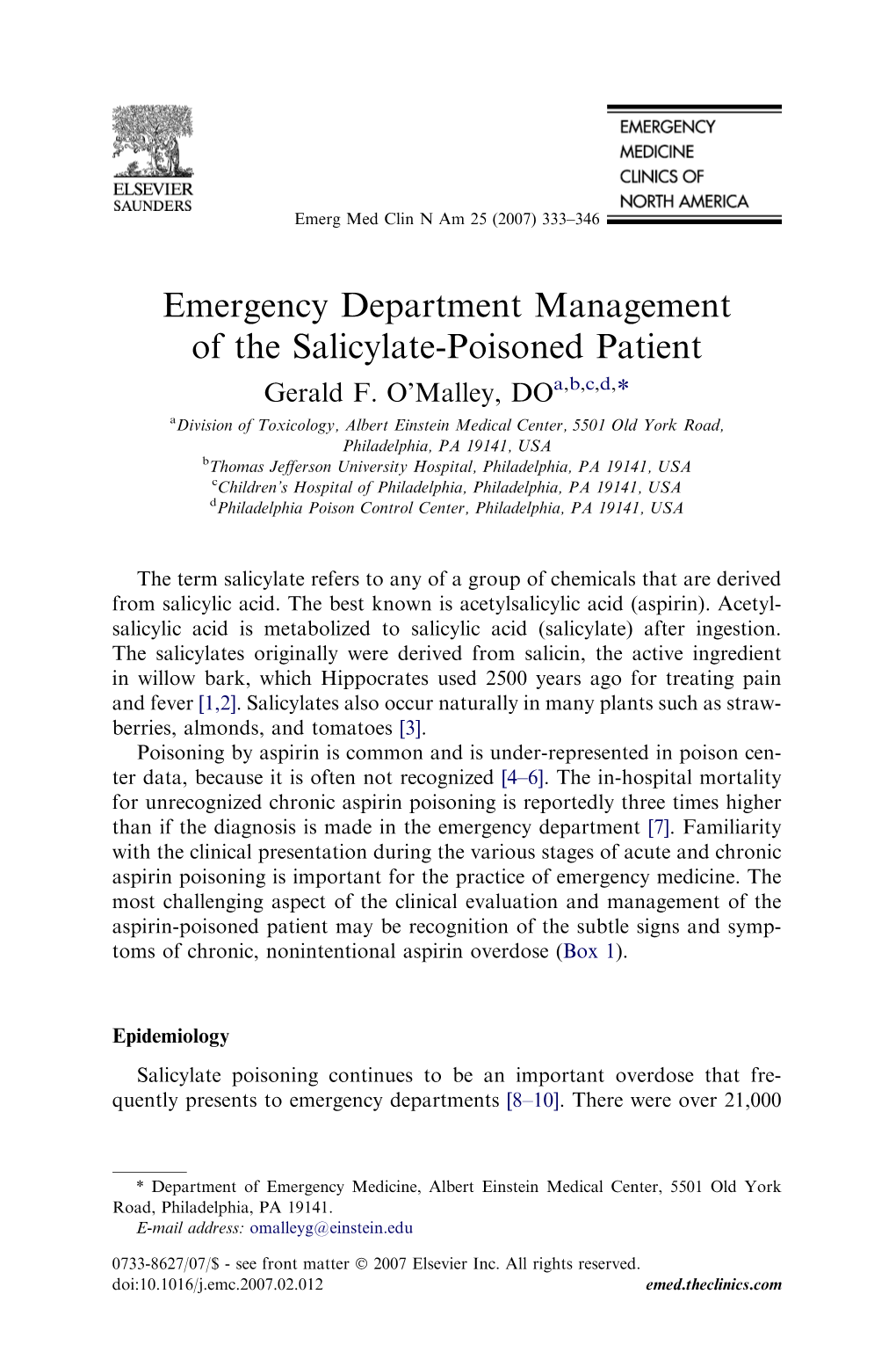 Emergency Department Management of the Salicylate-Poisoned Patient Gerald F