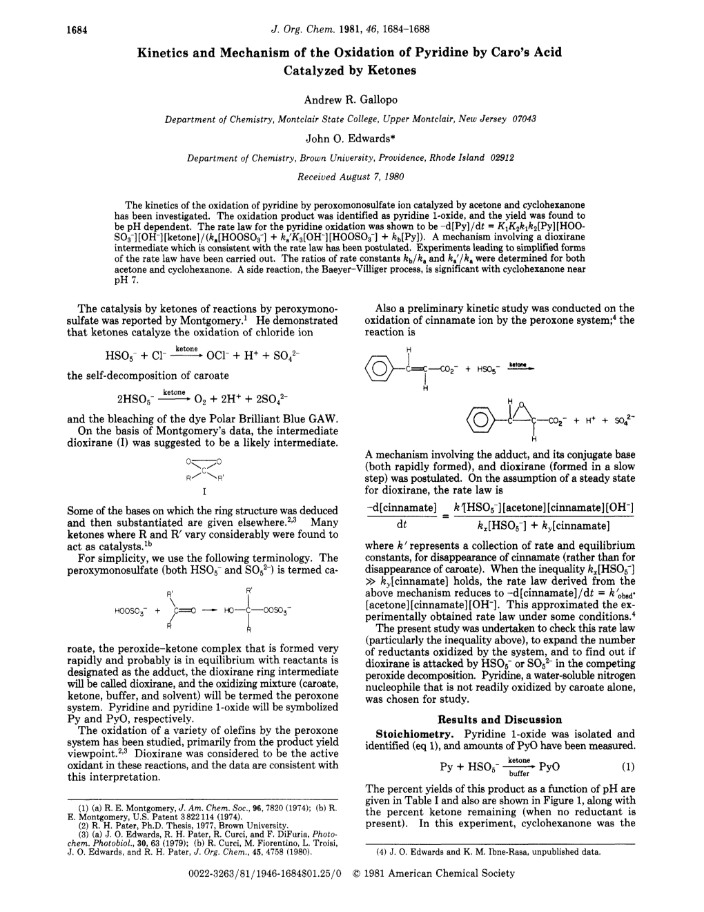 Kinetics and Mechanism of the Oxidation of Pyridine by Caro's Acid Catalyzed by Ketones