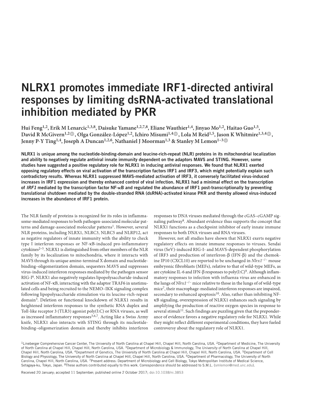 NLRX1 Promotes Immediate IRF1-Directed Antiviral Responses by Limiting Dsrna-Activated Translational Inhibition Mediated by PKR