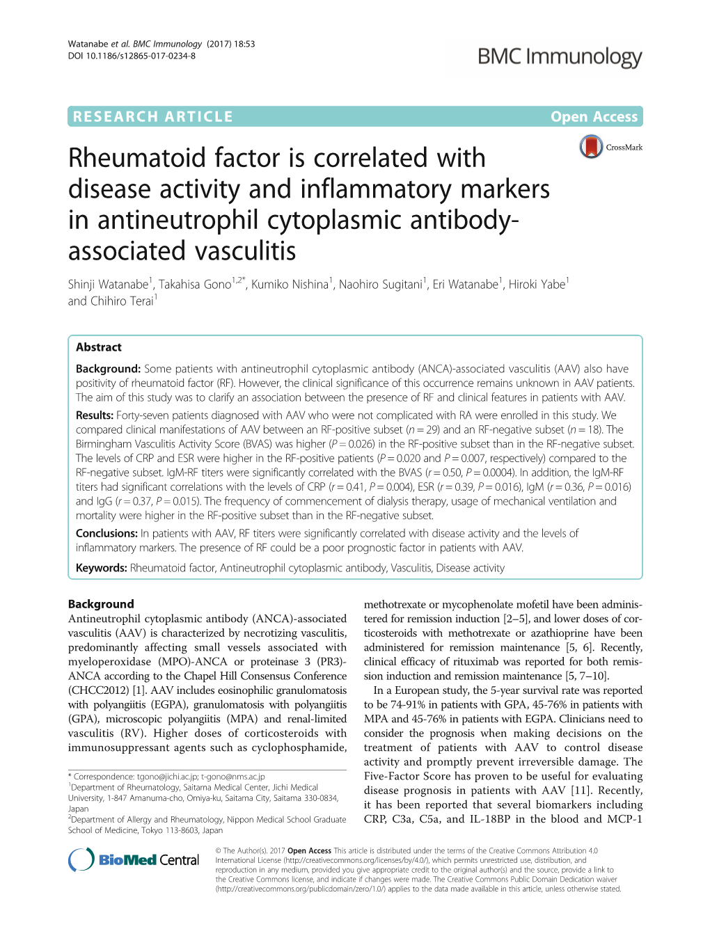 Rheumatoid Factor Is Correlated with Disease Activity and Inflammatory