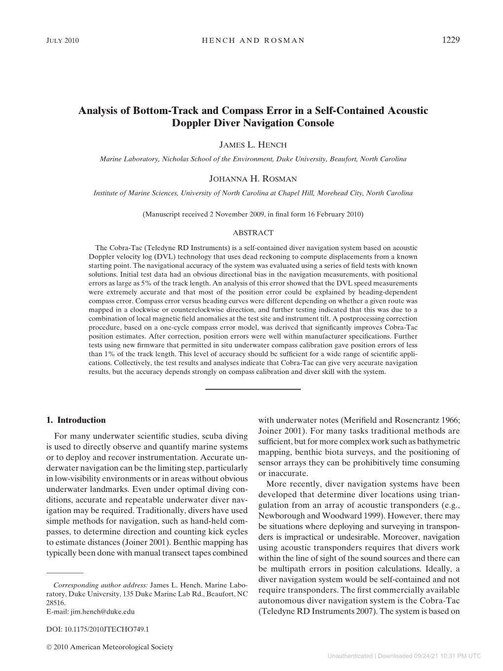 Analysis of Bottom-Track and Compass Error in a Self-Contained Acoustic Doppler Diver Navigation Console