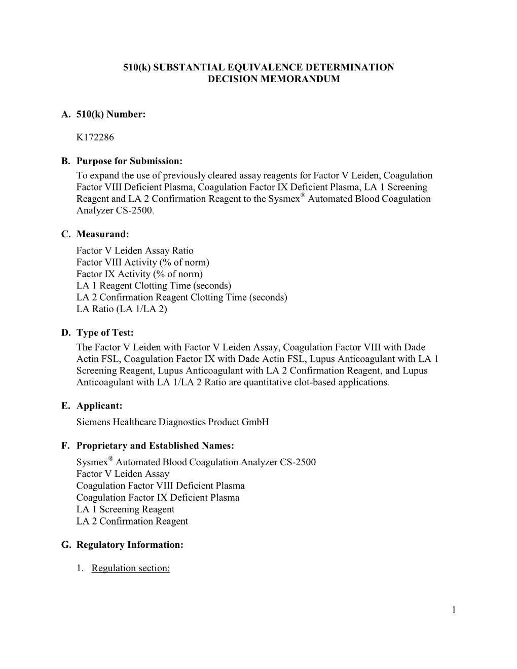 Substantial Equivalence Determination Decision Memorandum