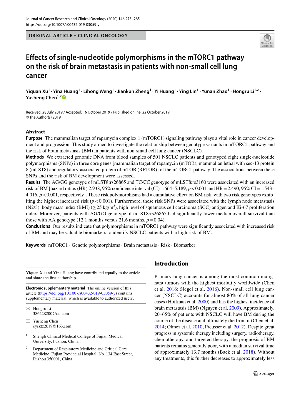 Effects of Single-Nucleotide Polymorphisms in the Mtorc1 Pathway on the Risk of Brain Metastasis in Patients with Non-Small Cell