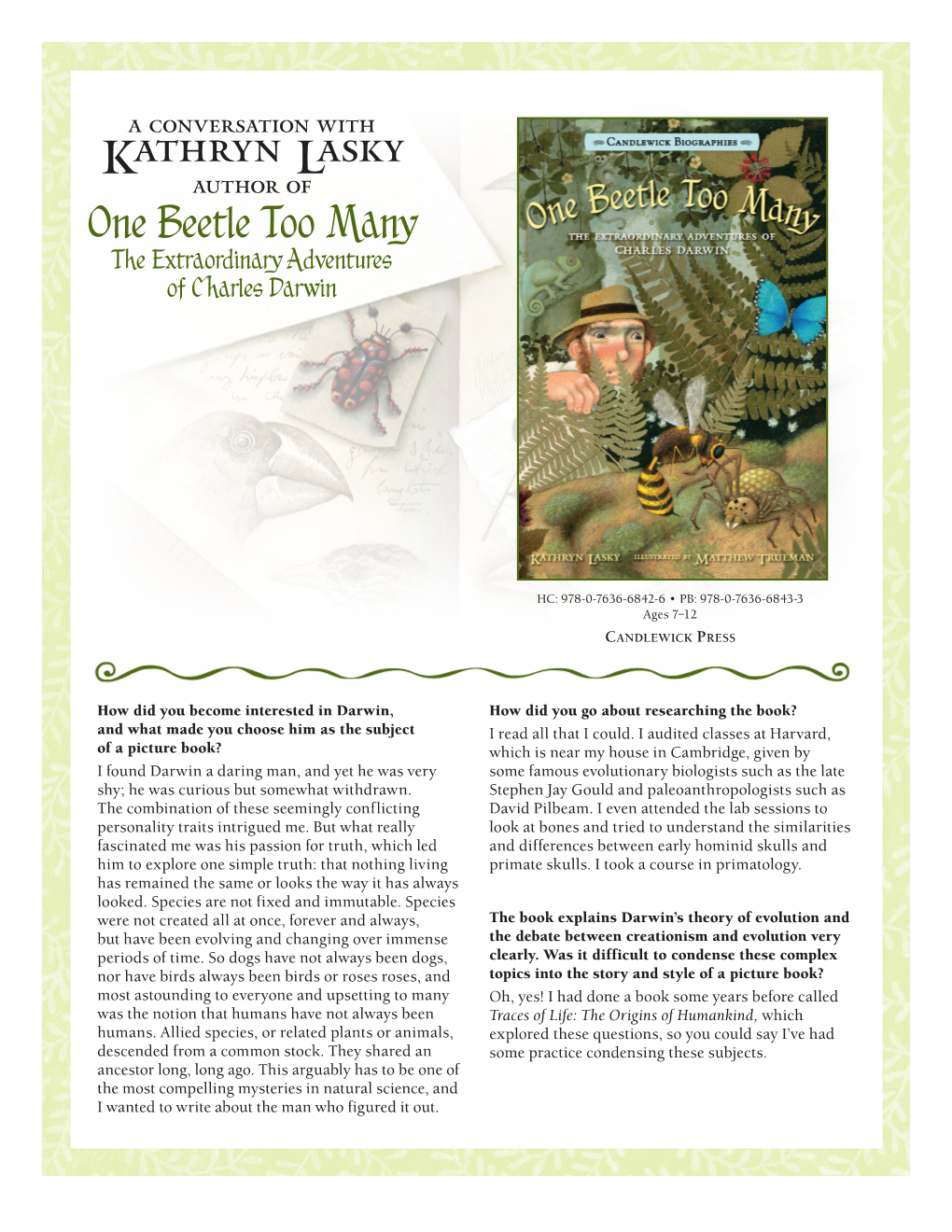 Kathryn Lasky Author of One Beetle Too Many the Extraordinary Adventures of C Harles Darwin