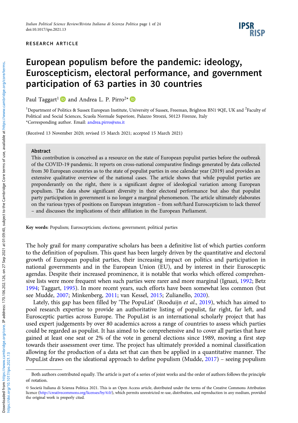 European Populism Before the Pandemic: Ideology, Euroscepticism, Electoral Performance, and Government Participation of 63 Parties in 30 Countries