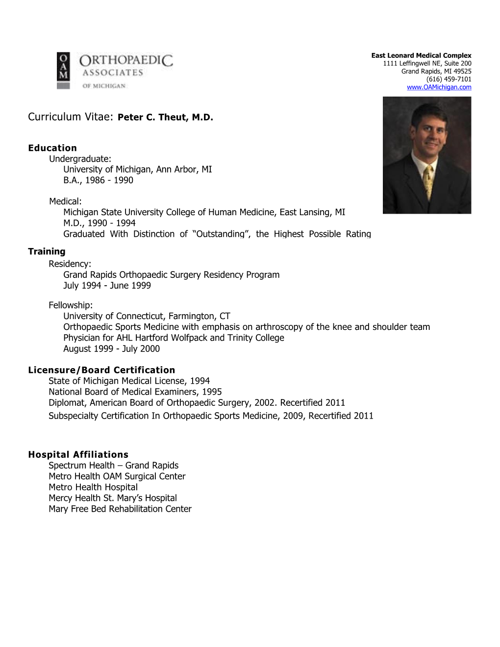 Curriculum Vitae: Peter C. Theut, M.D. Education Undergraduate