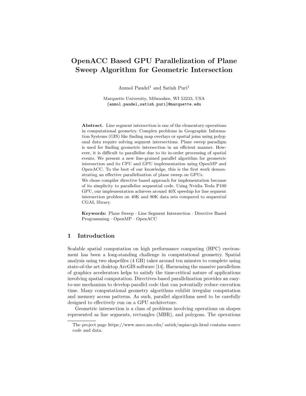 Openacc Based GPU Parallelization of Plane Sweep Algorithm for Geometric Intersection