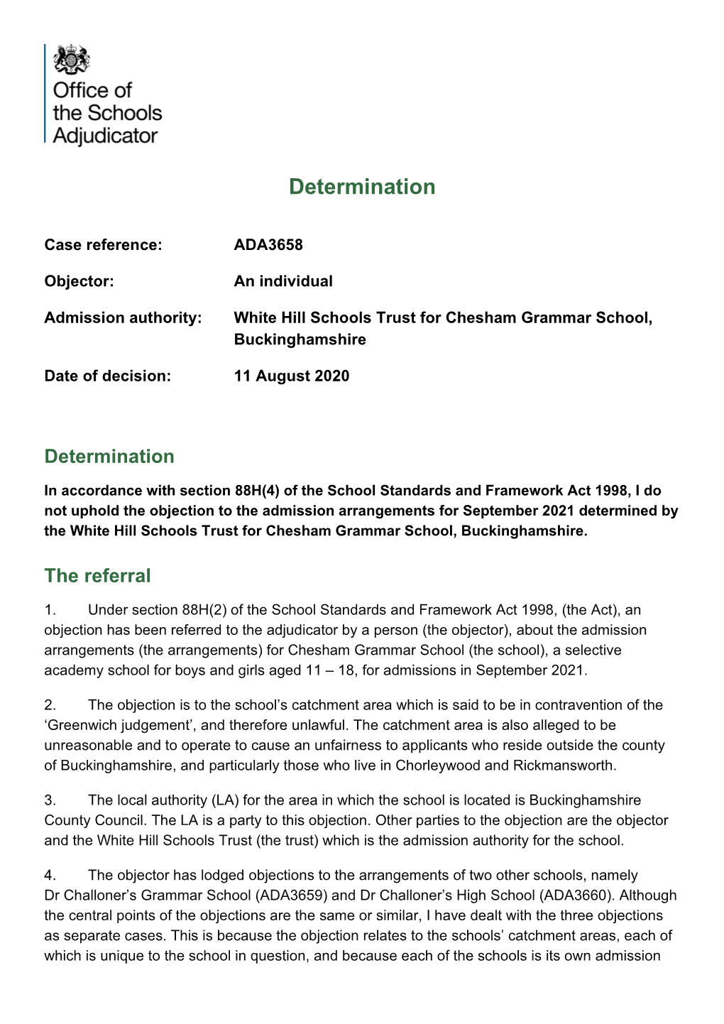 ADA3658 Chesham Grammar School Objection Determination