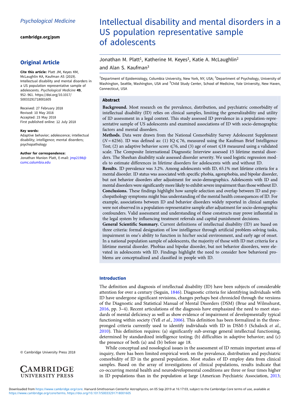 Intellectual Disability and Mental Disorders in a US Population Representative Sample Cambridge.Org/Psm of Adolescents