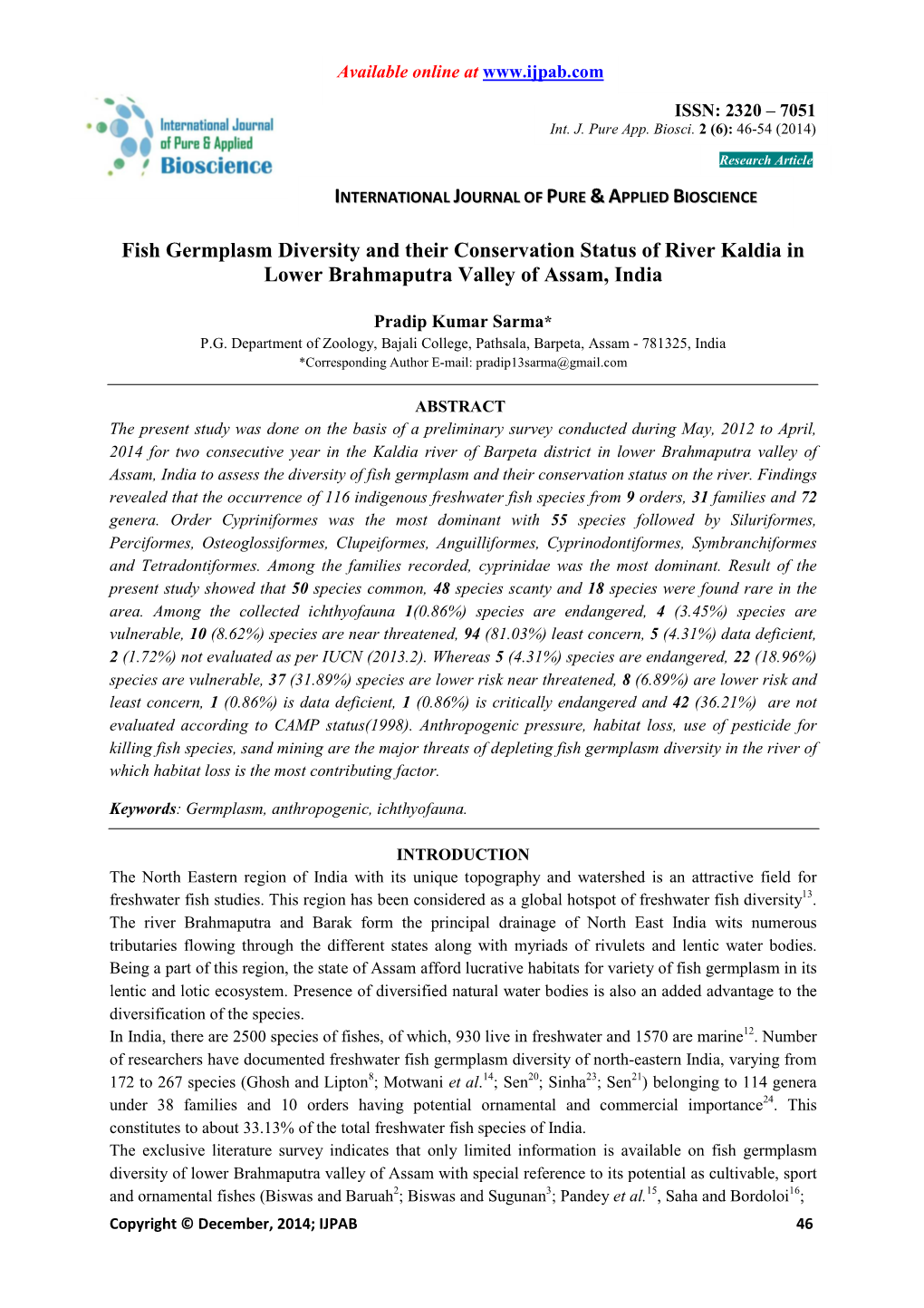 Fish Germplasm Diversity and Their Conservation Status of River Kaldia in Lower Brahmaputra Valley of Assam, India