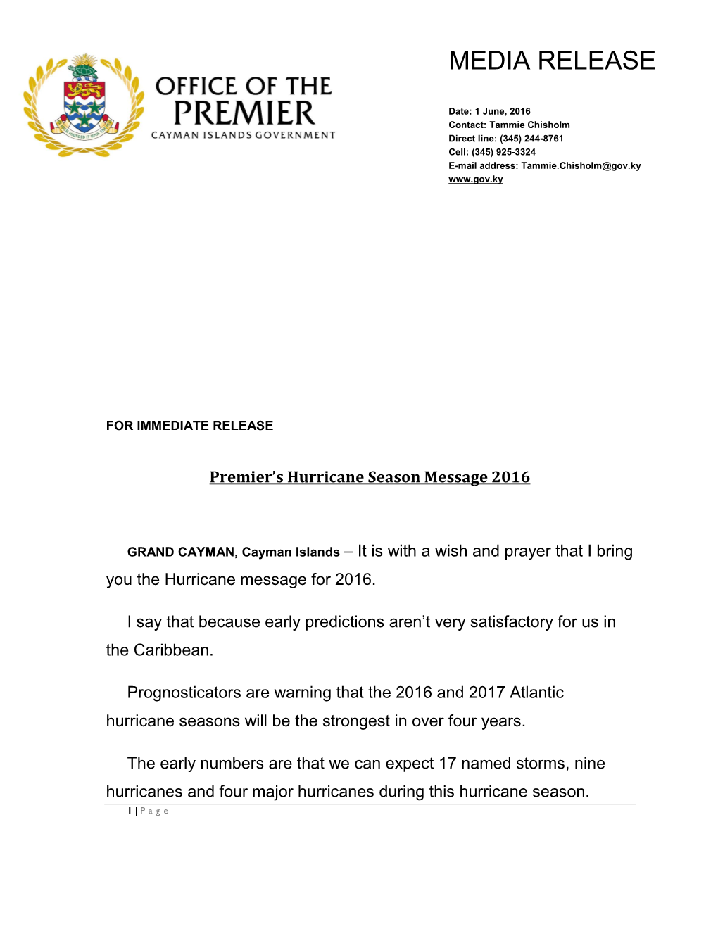 Premier's Hurricane Season Message 2016