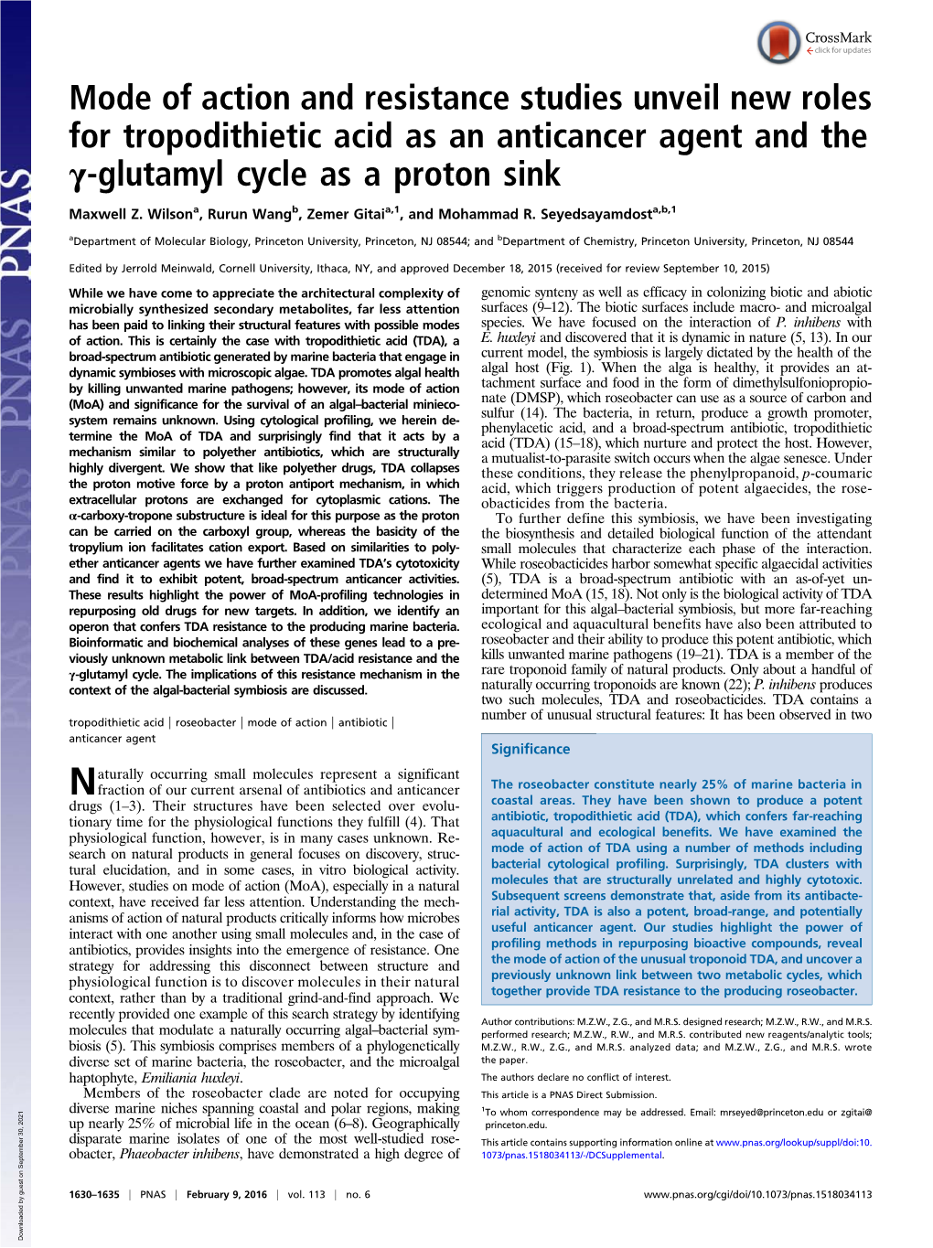 Mode of Action and Resistance Studies Unveil New Roles for Tropodithietic Acid As an Anticancer Agent and the Γ-Glutamyl Cycle As a Proton Sink