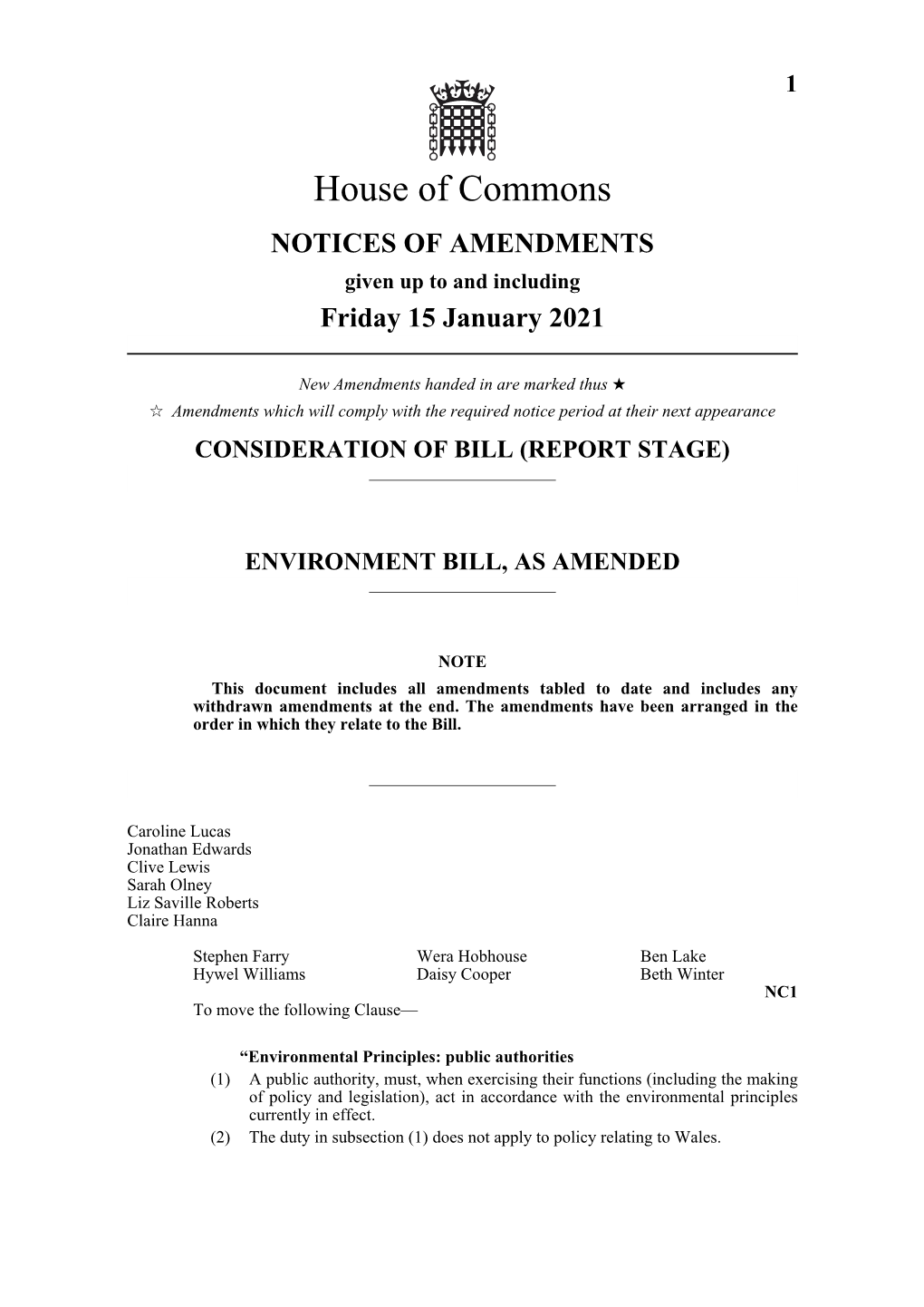 AMENDMENTS Given up to and Including Friday 15 January 2021