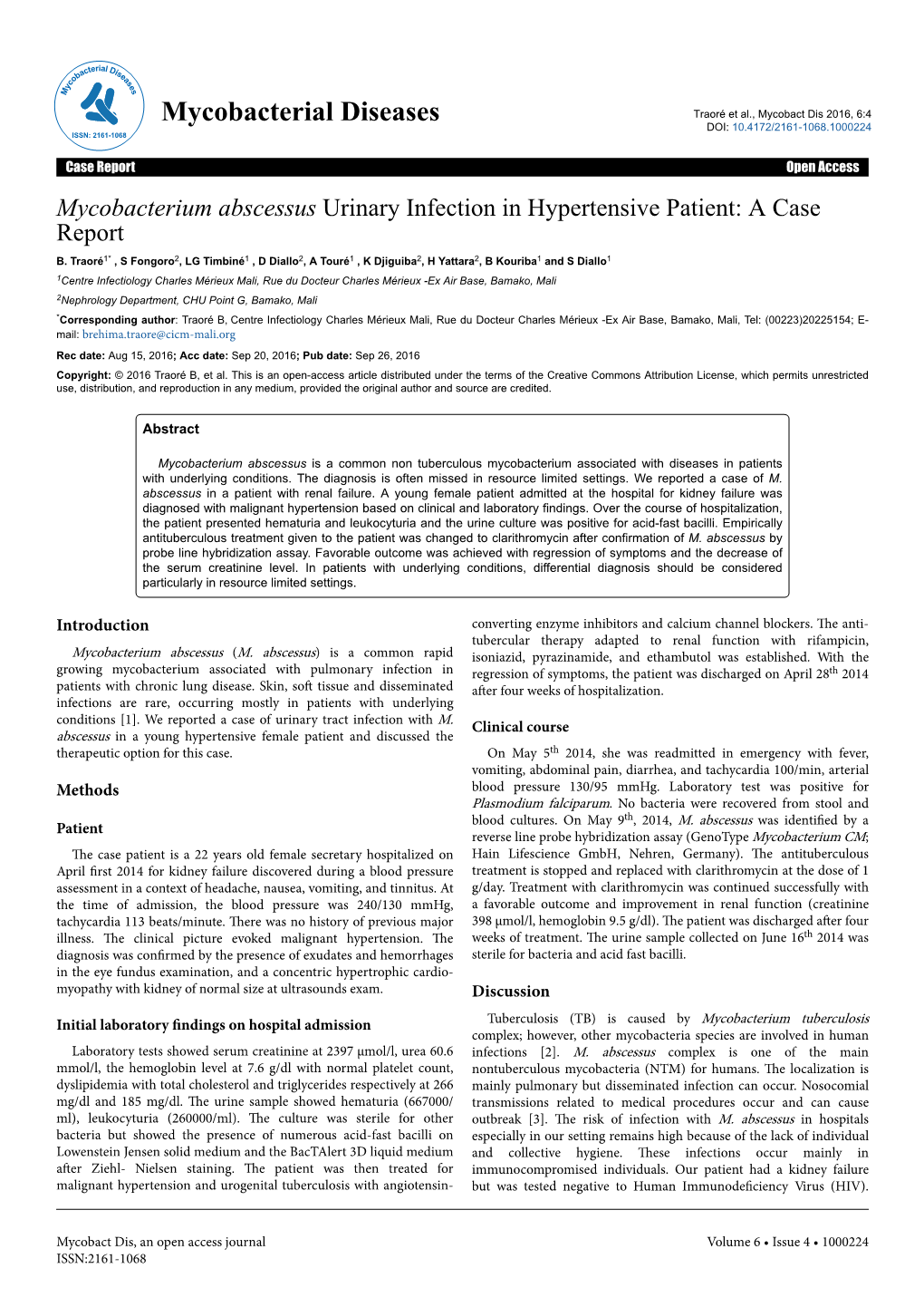 Mycobacterium Abscessus Urinary Infection in Hypertensive Patient: a Case Report B