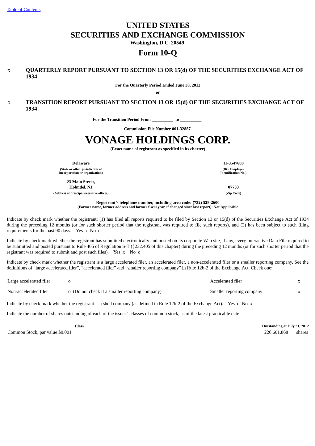 VONAGE HOLDINGS CORP. (Exact Name of Registrant As Specified in Its Charter)