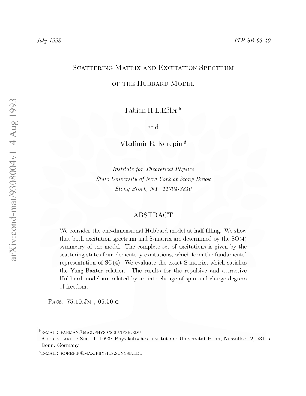 Scattering Matrix and Excitation Spectrum of the Hubbard Model