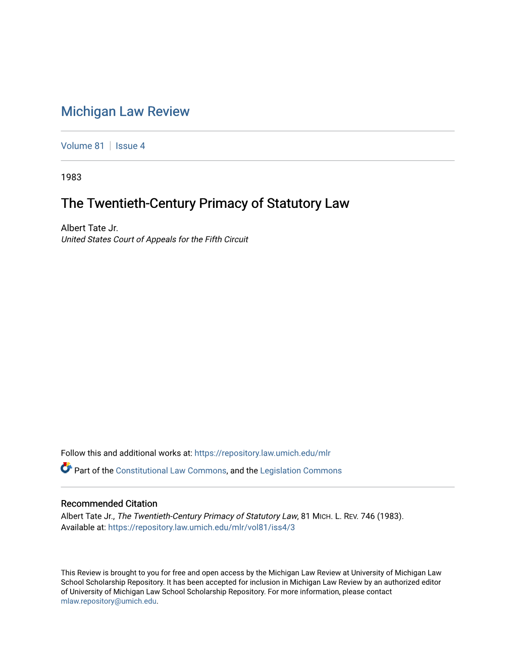 The Twentieth-Century Primacy of Statutory Law