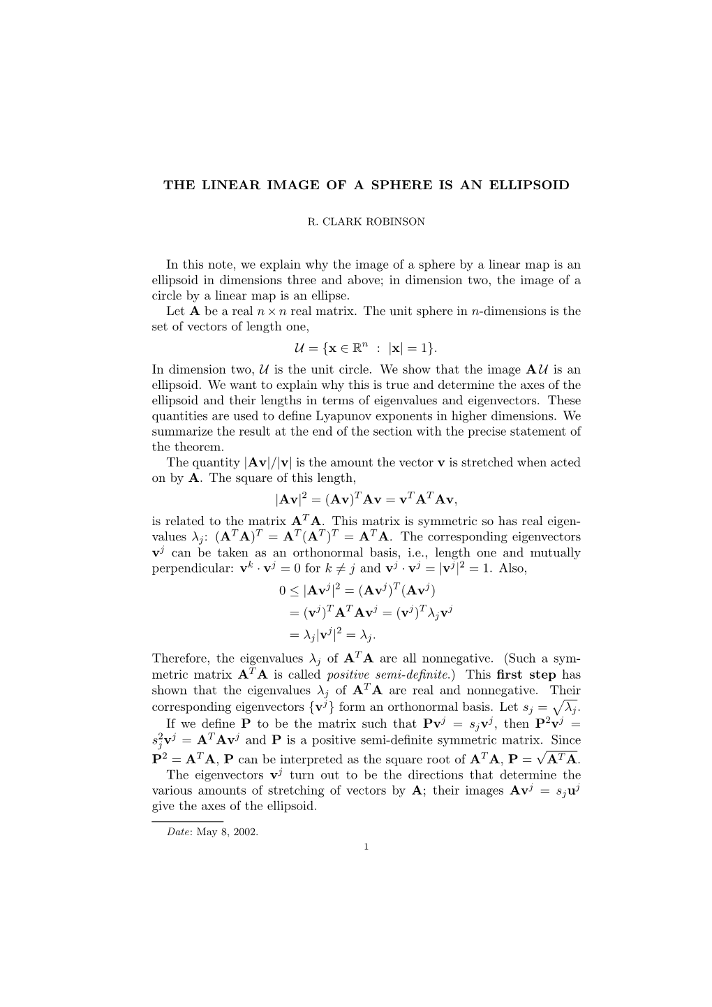 THE LINEAR IMAGE of a SPHERE IS an ELLIPSOID in This Note, We