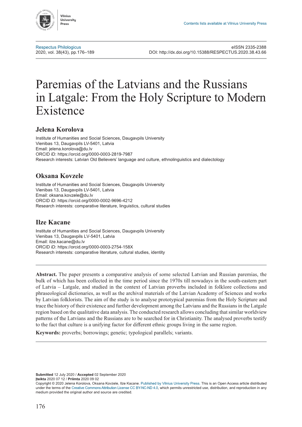 Paremias of the Latvians and the Russians in Latgale: from the Holy Scripture to Modern Existence