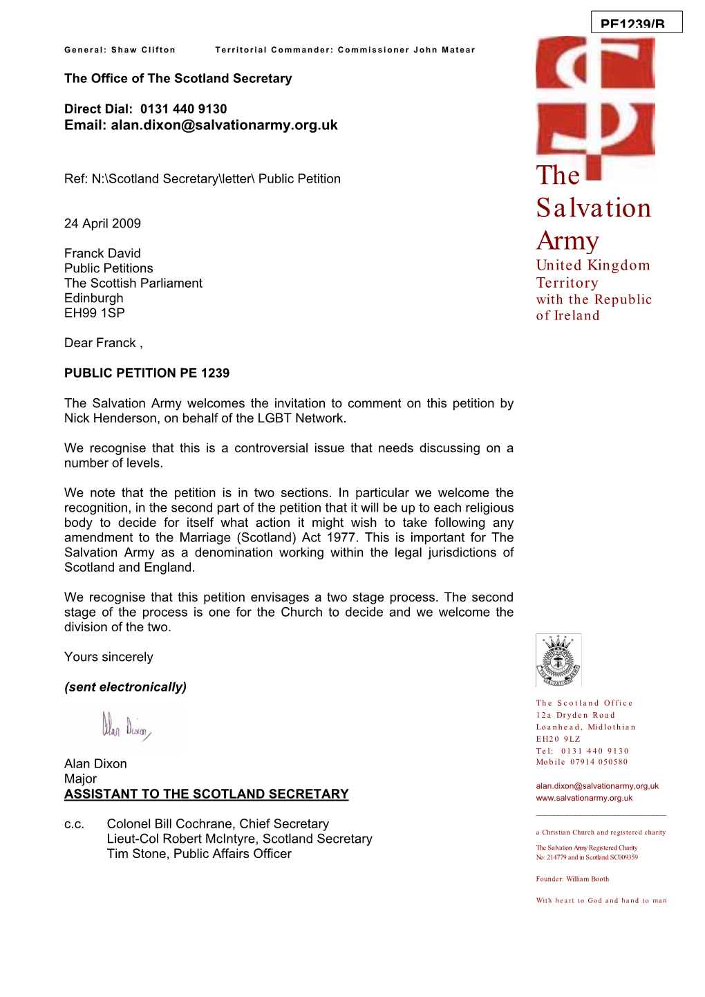 The Salvation Army Welcomes the Invitation to Comment on This Petition by Nick Henderson, on Behalf of the LGBT Network