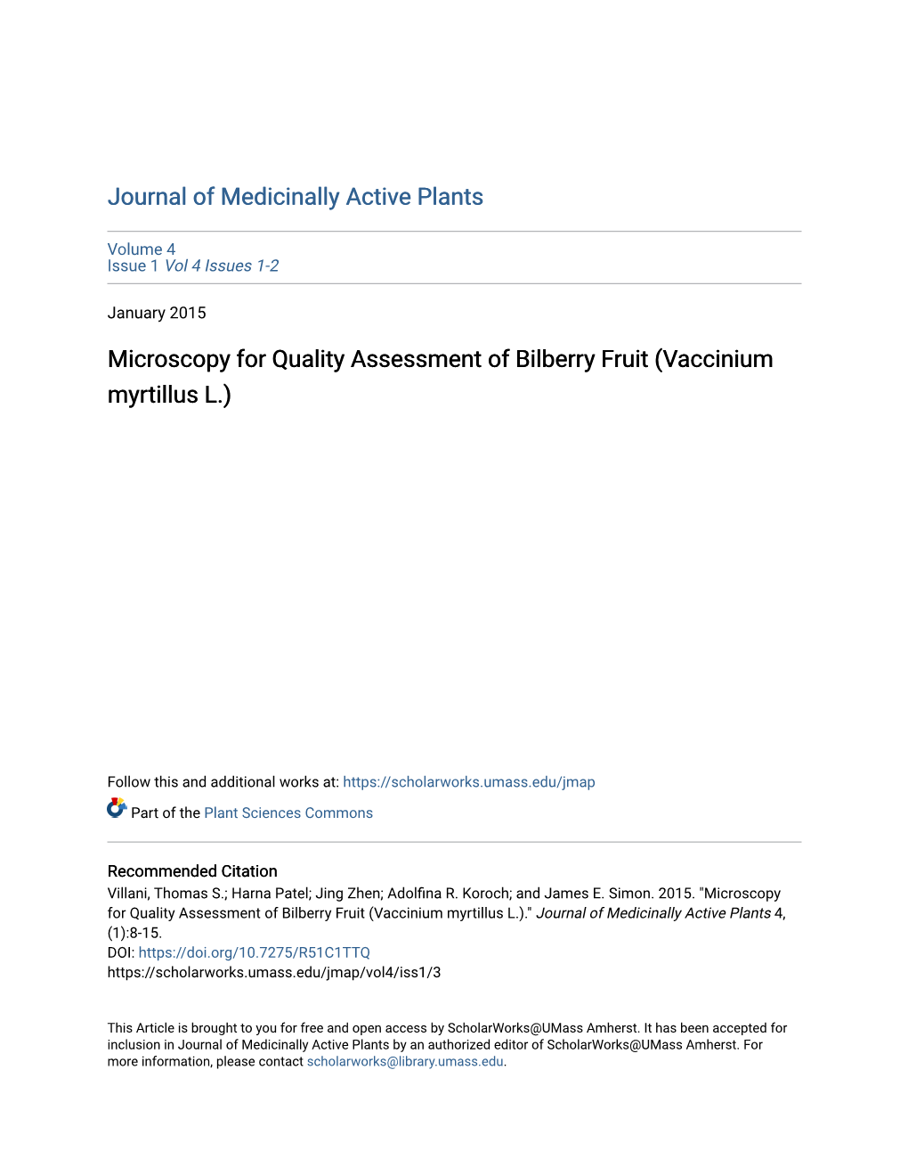 Microscopy for Quality Assessment of Bilberry Fruit (Vaccinium Myrtillus L.)