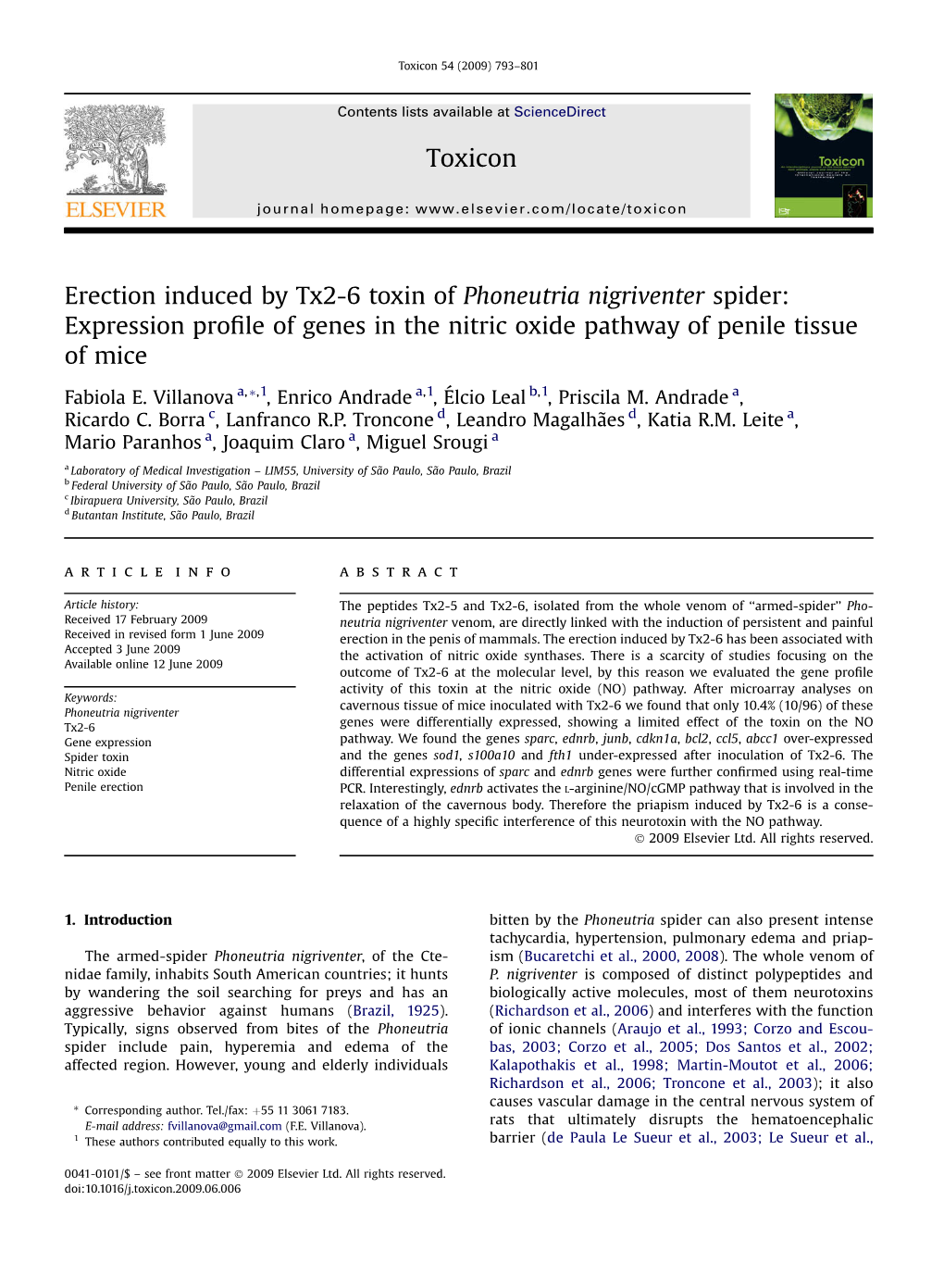 Erection Induced by Tx2-6 Toxin of Phoneutria Nigriventer Spider: Expression Proﬁle of Genes in the Nitric Oxide Pathway of Penile Tissue of Mice