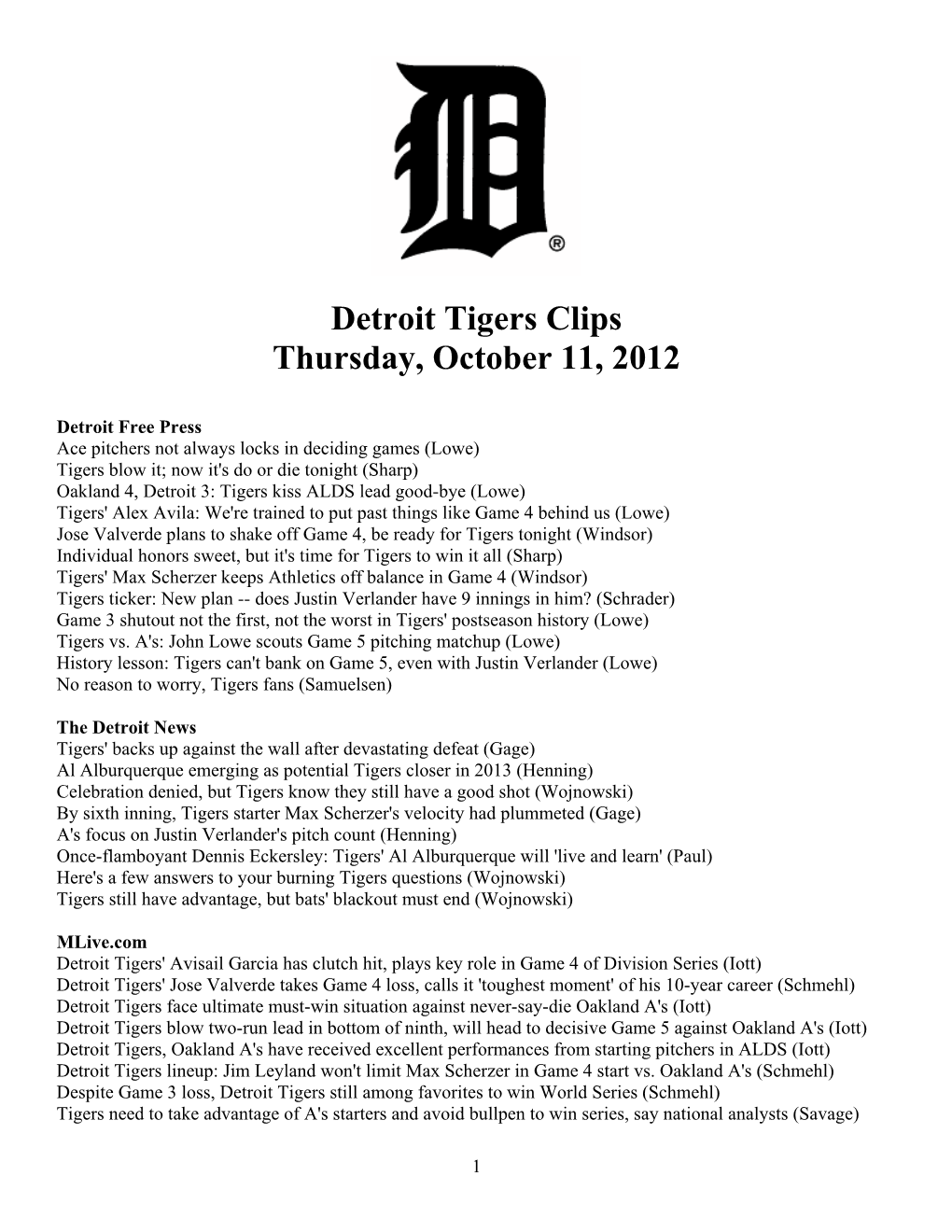 Detroit Tigers Clips Thursday, October 11, 2012