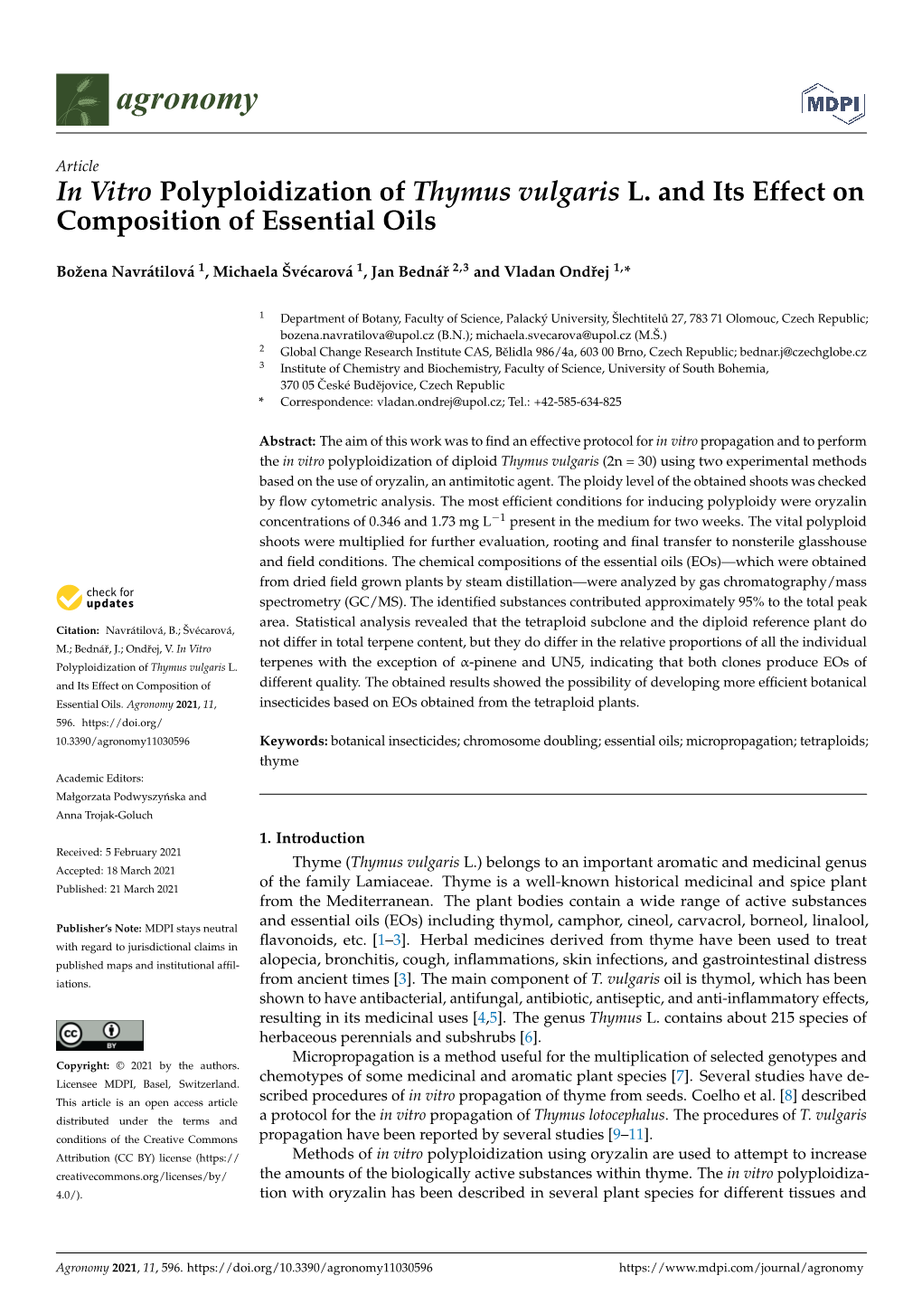 In Vitro Polyploidization of Thymus Vulgaris L. and Its Effect on Composition of Essential Oils