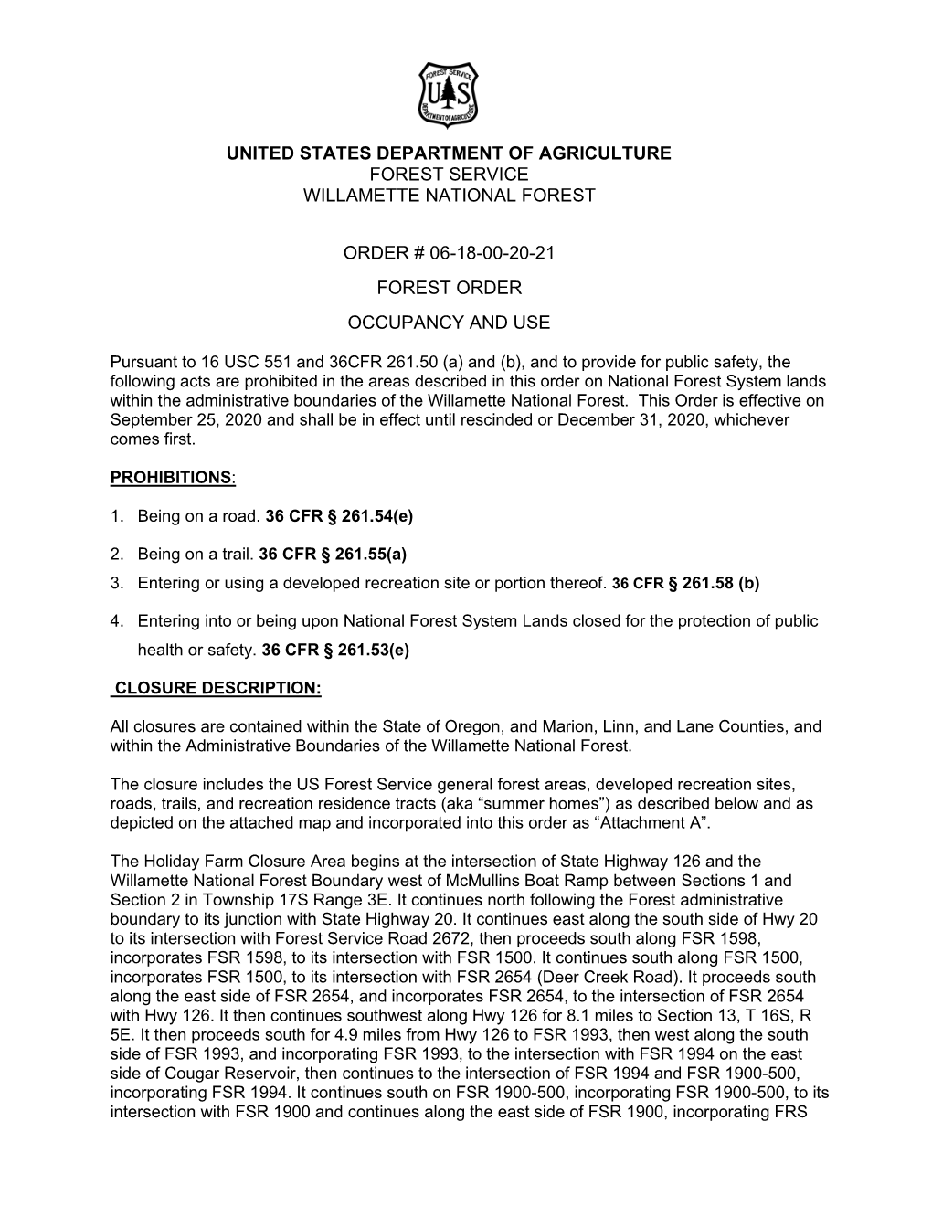 Willamette National Forest Closure Order (Pdf 1680