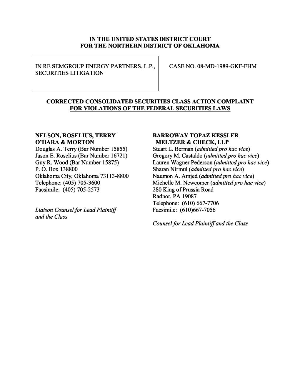 Carson Et Al V. Semgroup Energy Partners, L.P. Et Al 08-MD-01989