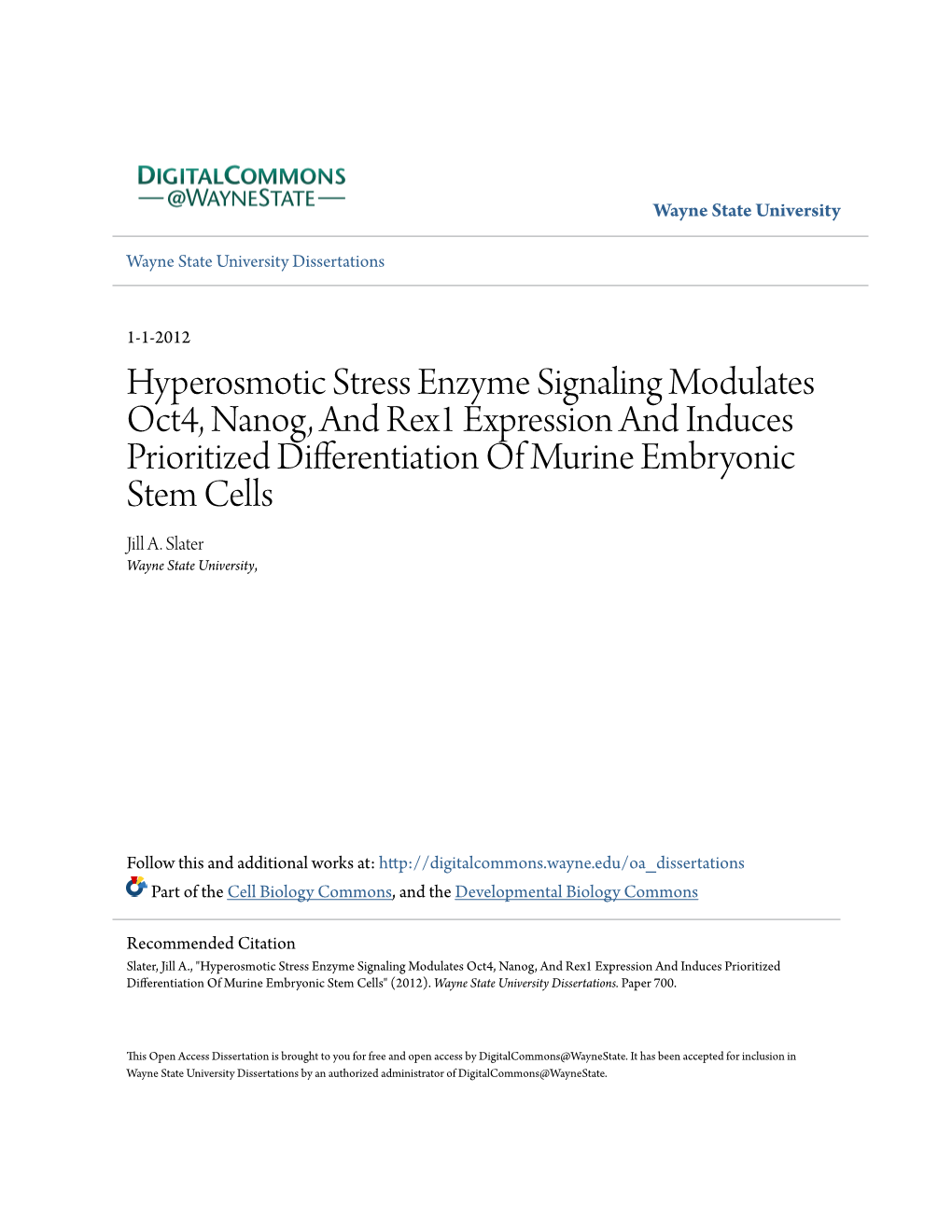 Hyperosmotic Stress Enzyme Signaling Modulates Oct4, Nanog, and Rex1 Expression and Induces Prioritized Differentiation of Murine Embryonic Stem Cells Jill A
