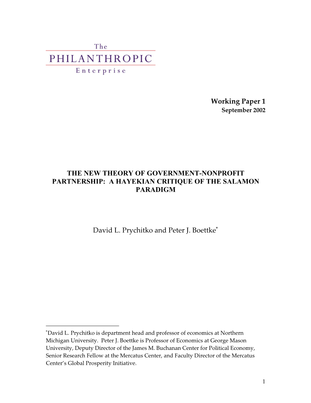 Working Paper 1 the NEW THEORY of GOVERNMENT-NONPROFIT